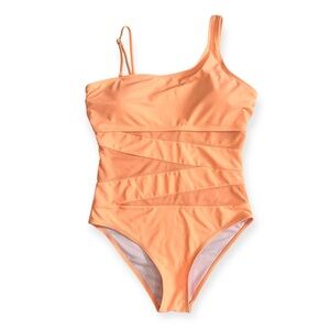 Womens One Piece Padded Swim Suit Mesh Cut Out Vacation Size Medium Neon Orange